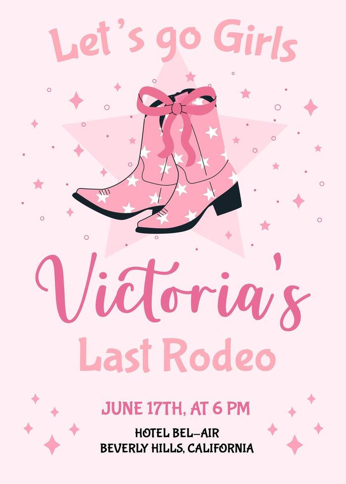 gallina fiesta invitación tarjeta. último rodeo despedida de soltera fiesta invitación modelo con rosado coqueta vaquero botas y arco. vaquera disco fiesta. Boda papelería. vector