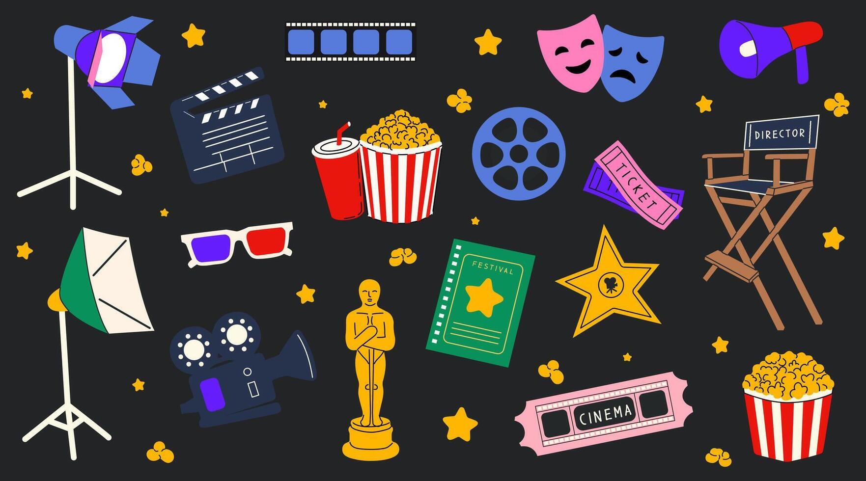Set of movie stickers. Cinema elements collection. Tickets, popcorn, soda, 3d glasses, clapperboard film, projector, awards, light, director's chair. Trendy groovy stickers in 90s style. vector