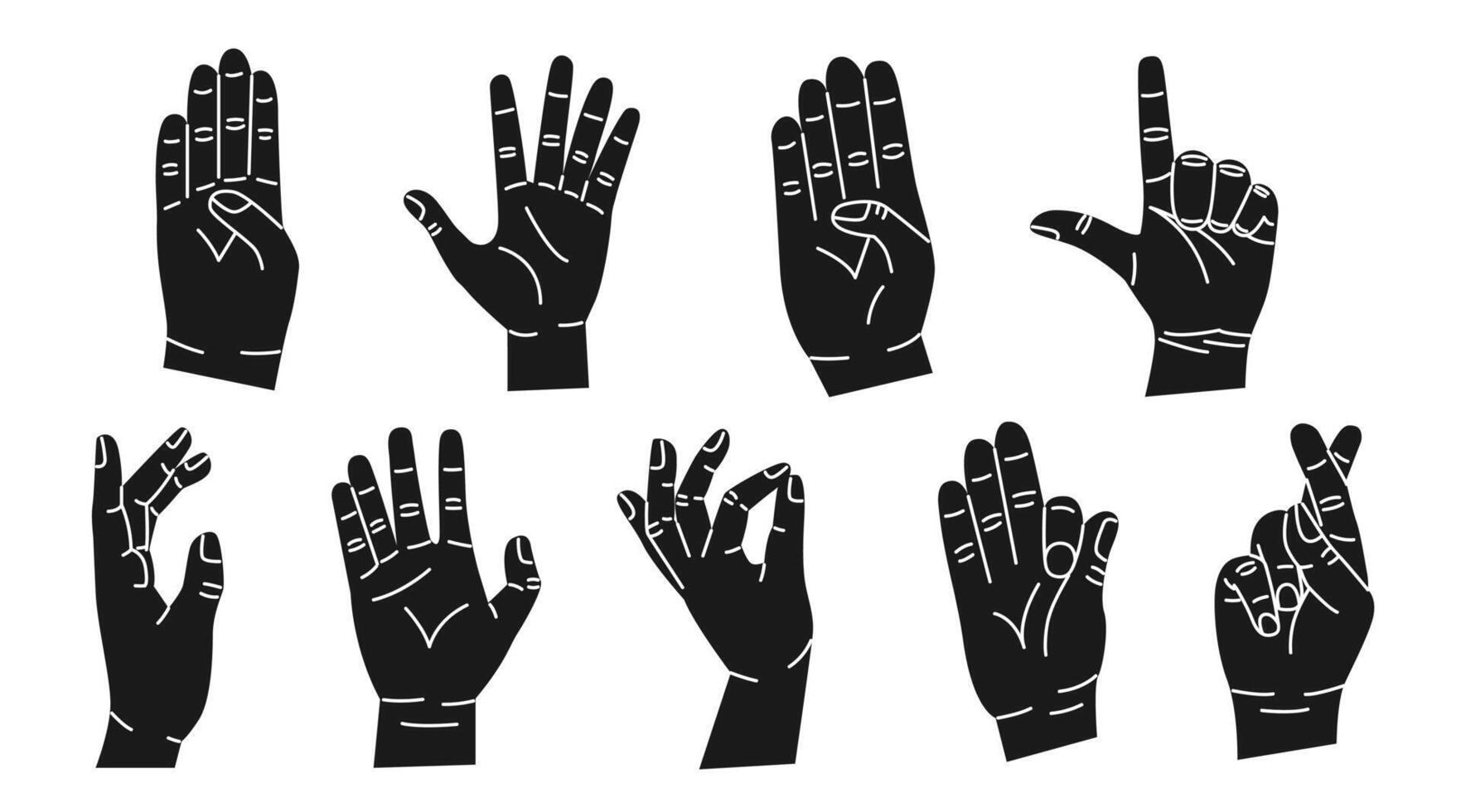 Set of black hands with different gestures. Modern trendy flat style. Hand drawn illustration. Hands show different signs and symbols. Body language for communication. On white background vector