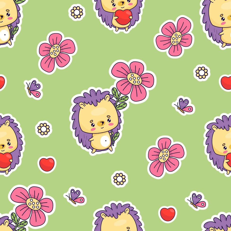 Seamless pattern with happy cartoon hedgehog with heart and flower on green background. illustration with funny kawaii animals. Kids collection. vector