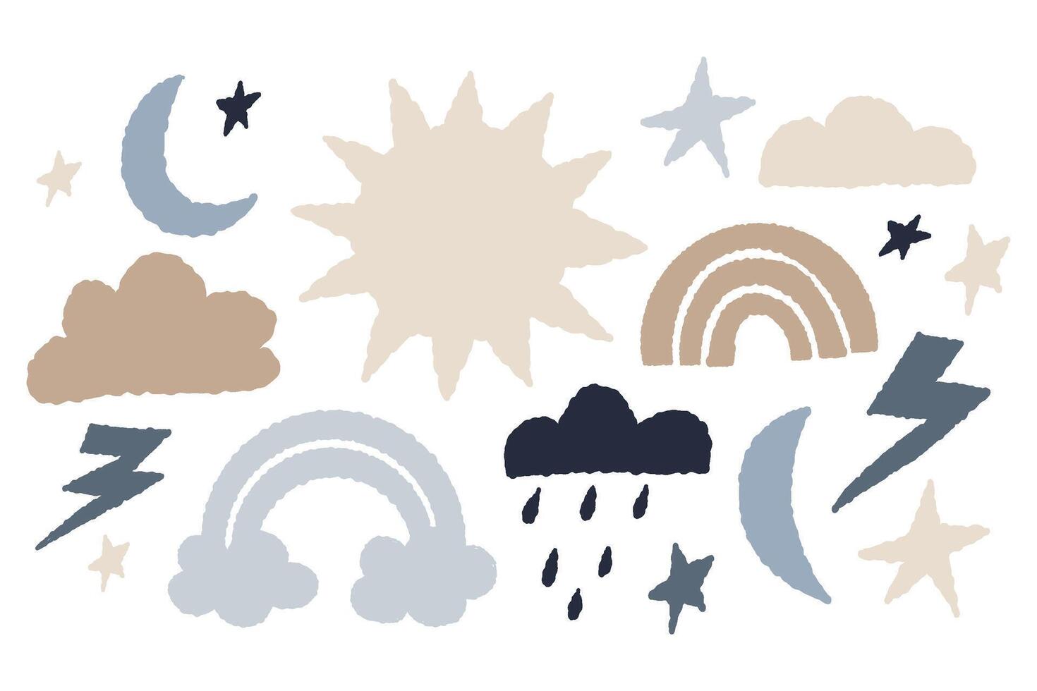 Texture hand drawings weather symbols. Moon with stars and sun, cloud, rain, lightning and rainbow. illustration. Isolated chalk elements doodles for design and decoration. vector