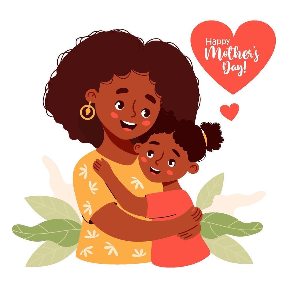 Cute happy ethnic black woman mother with her daughter. Happy Mother's Day card. illustration in flat cartoon style vector