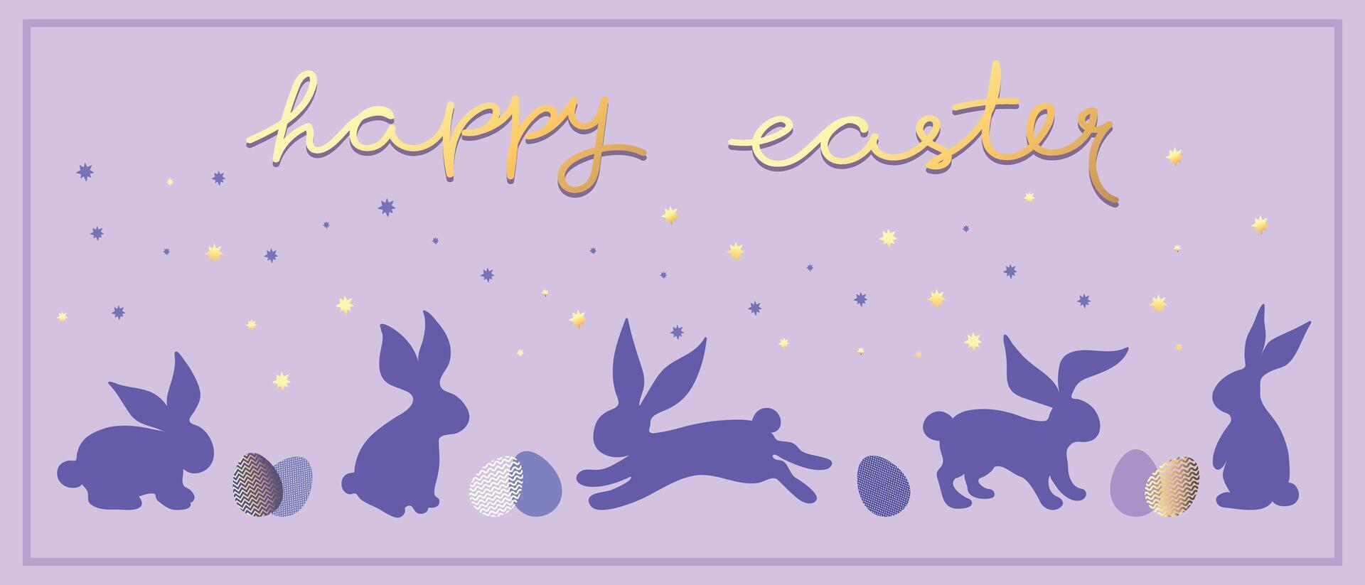 Easter festive banner with rabbit silhouettes, easter eggs and stars. Decorated with handwritten phrase Happy Easter. illustration vector