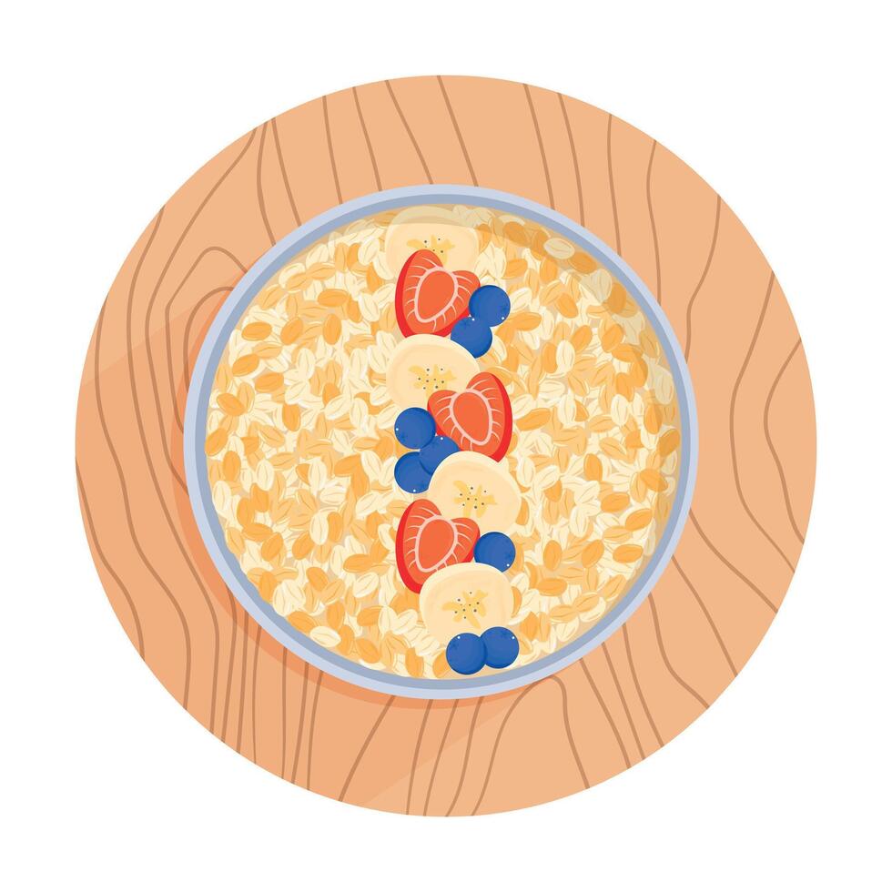 harina de avena en un cuenco en de madera tablón aislado en blanco antecedentes. avena copos con fresas, arándanos y banana. gachas de avena avena, parte superior vista. sano natural desayuno vector