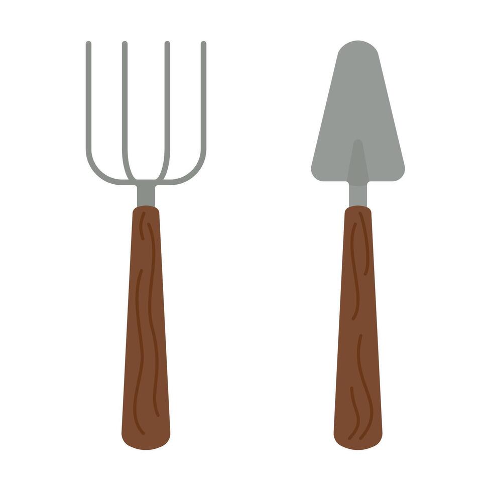 A small garden shovel and a pitchfork. Tools for working in the garden and at home. Plant care. vector