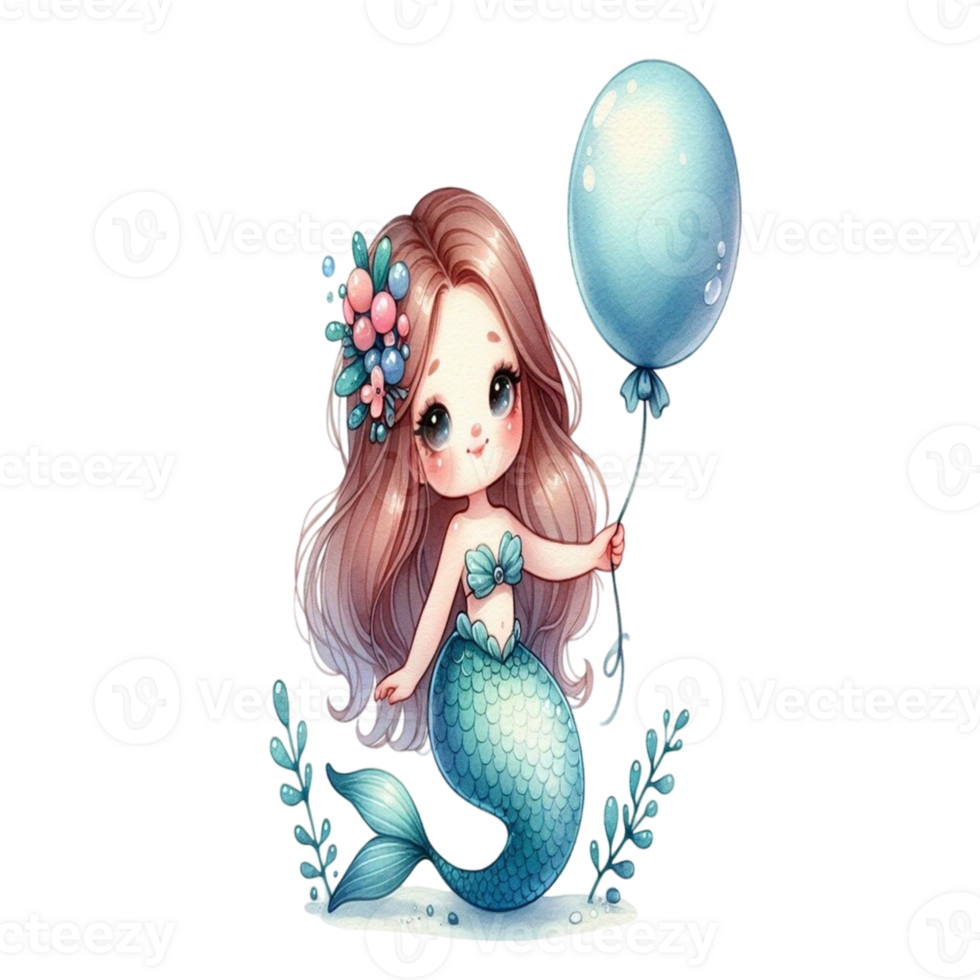 aigenerated cute little mermaid with a balloon png