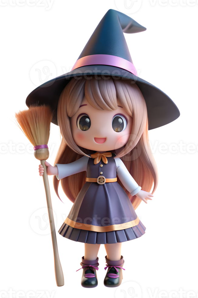 , 3d render kawaii style A girl in a witch costume and hat, holding a large broom in one hand. isolated transparent background png