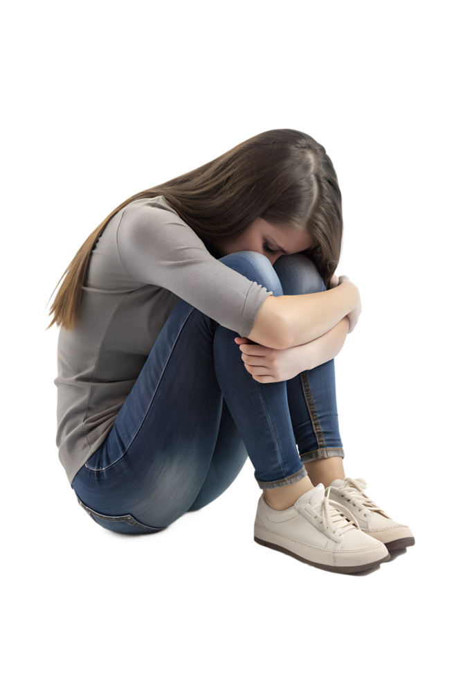 , 3d style illustration of A young woman hugs her knees and cries. isolated on transparent background png