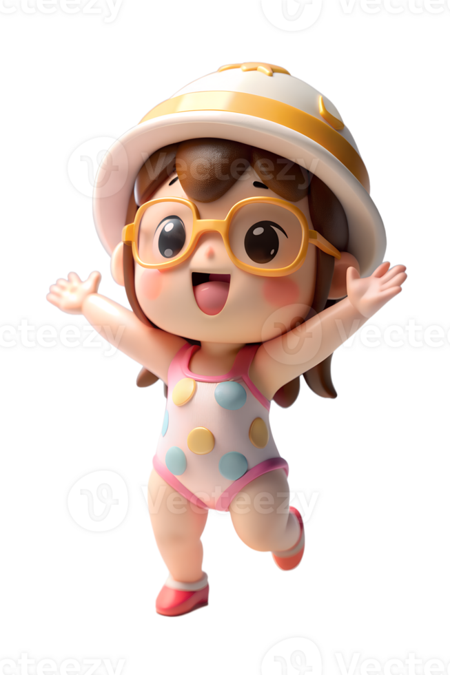 , 3d rendre kawaii style Jeune femmes dans maillot de bain portant chapeau et des lunettes de soleil. isolé transparent Contexte png