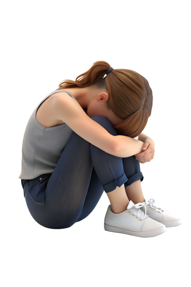 , 3d style illustration of A young woman hugs her knees and cries. isolated on transparent background png