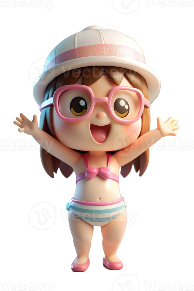 , 3d rendre kawaii style Jeune femmes dans maillot de bain portant chapeau et des lunettes de soleil. isolé transparent Contexte png