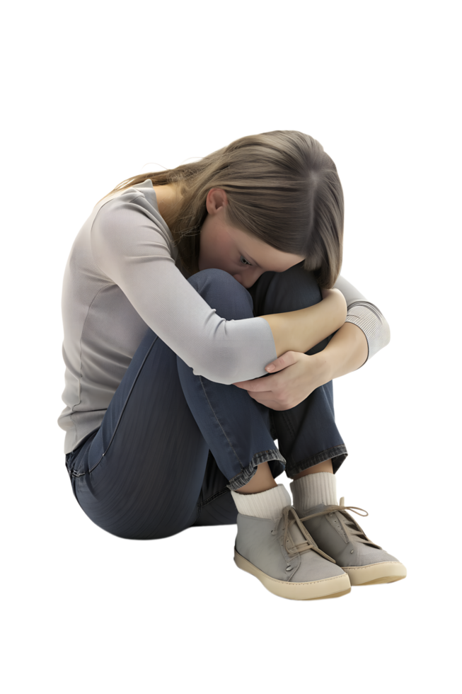 , 3d style illustration of A young woman hugs her knees and cries. isolated on transparent background png