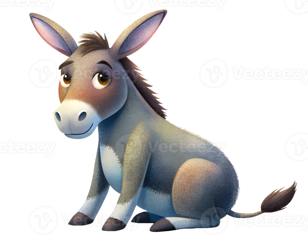 , Cartoon style illustration, donkey sit isolated on transparent background png