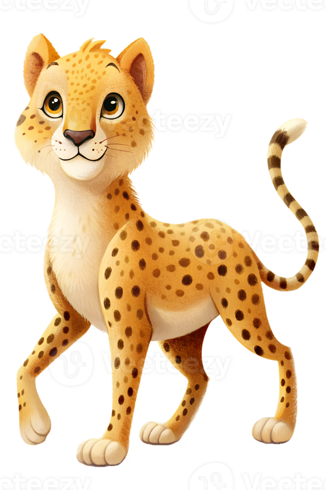 , Cartoon style illustration of cute cheetah, walking isolated on transparent background png