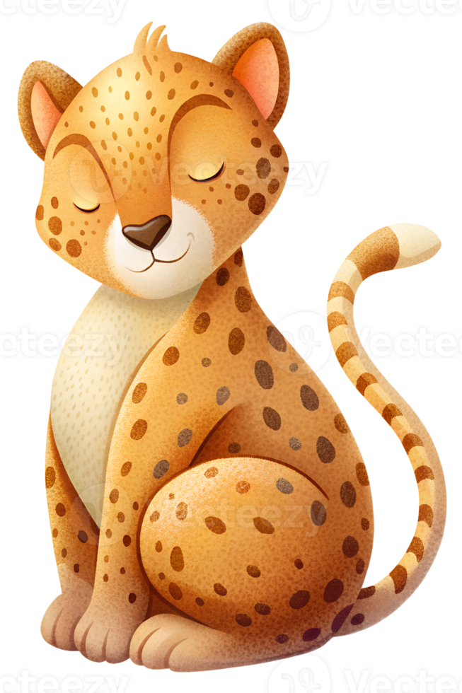 , Cartoon style illustration, cute cheetah sleeping isolated on transparent background png