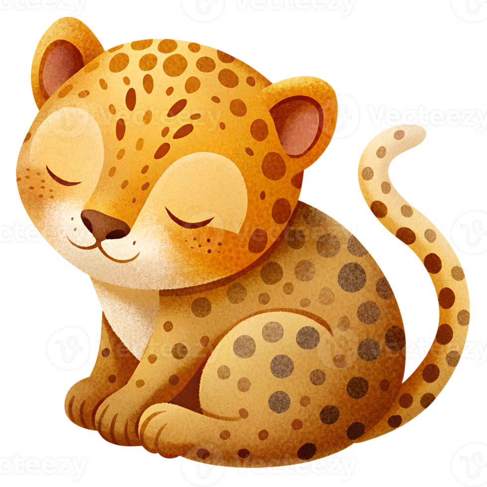 , Cartoon style illustration, cute cheetah sleeping isolated on transparent background png