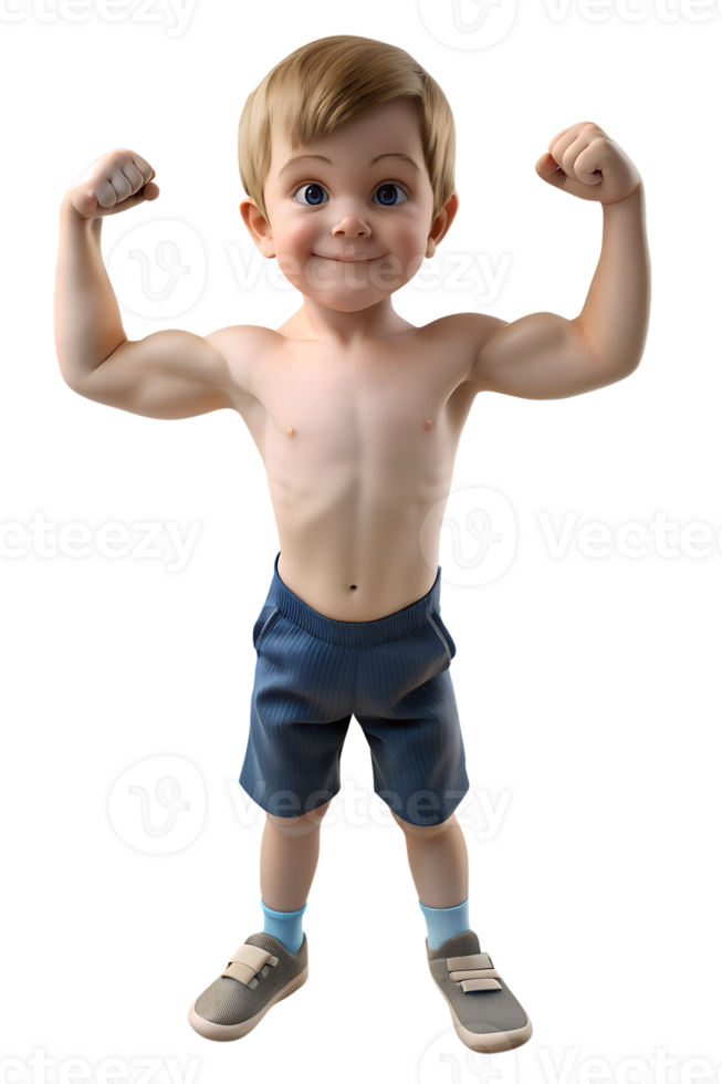 , 3d style illustration of boy is flexing his muscles isolated on transparent background png