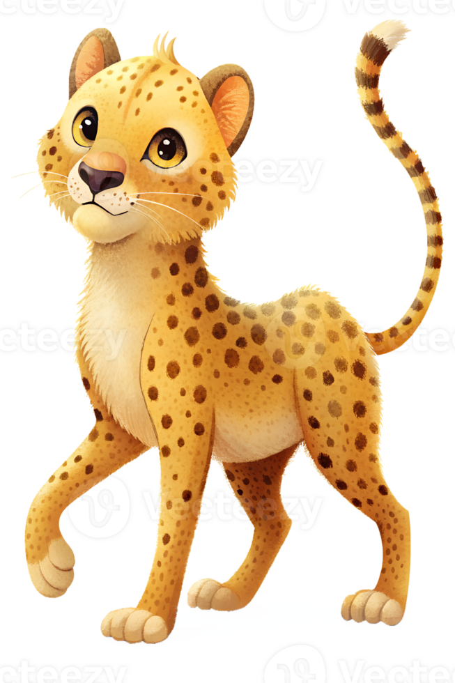 , Cartoon style illustration of cute cheetah, walking isolated on transparent background png