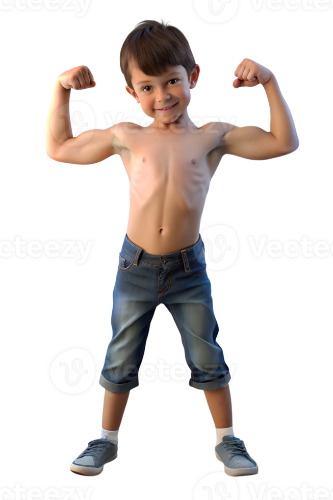 , 3d style illustration of boy is flexing his muscles isolated on transparent background png