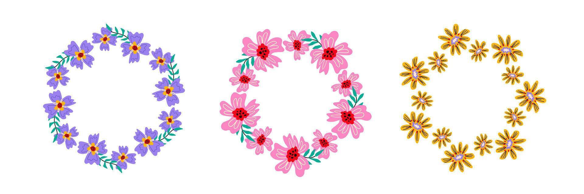 Set of wreath with colorful bold abstract flowers. Flat frames and borders. Design templates for card, banner, invitation. vector