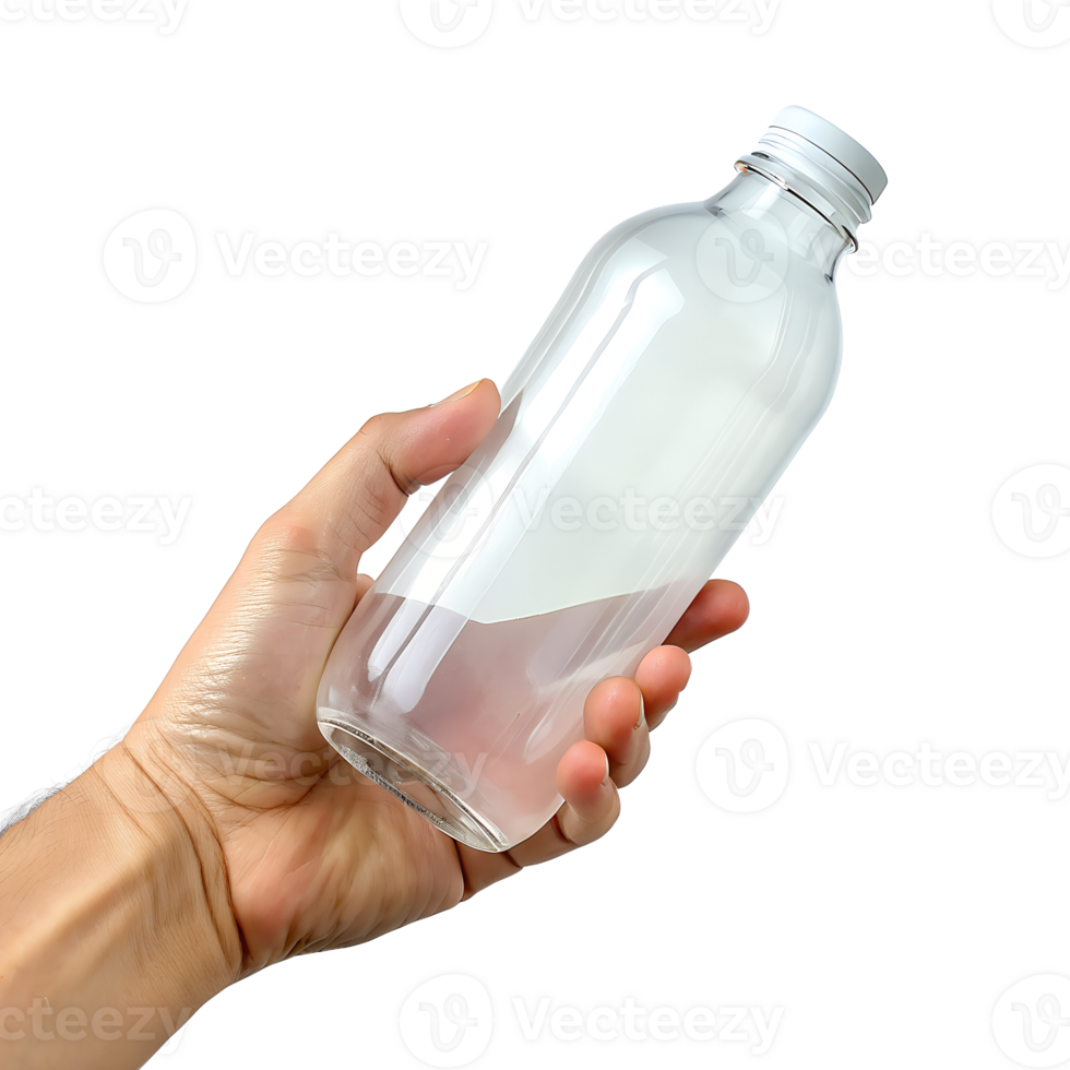 , Close-up Only the hand remembers the empty translucent bottle, isolated on transparent background png