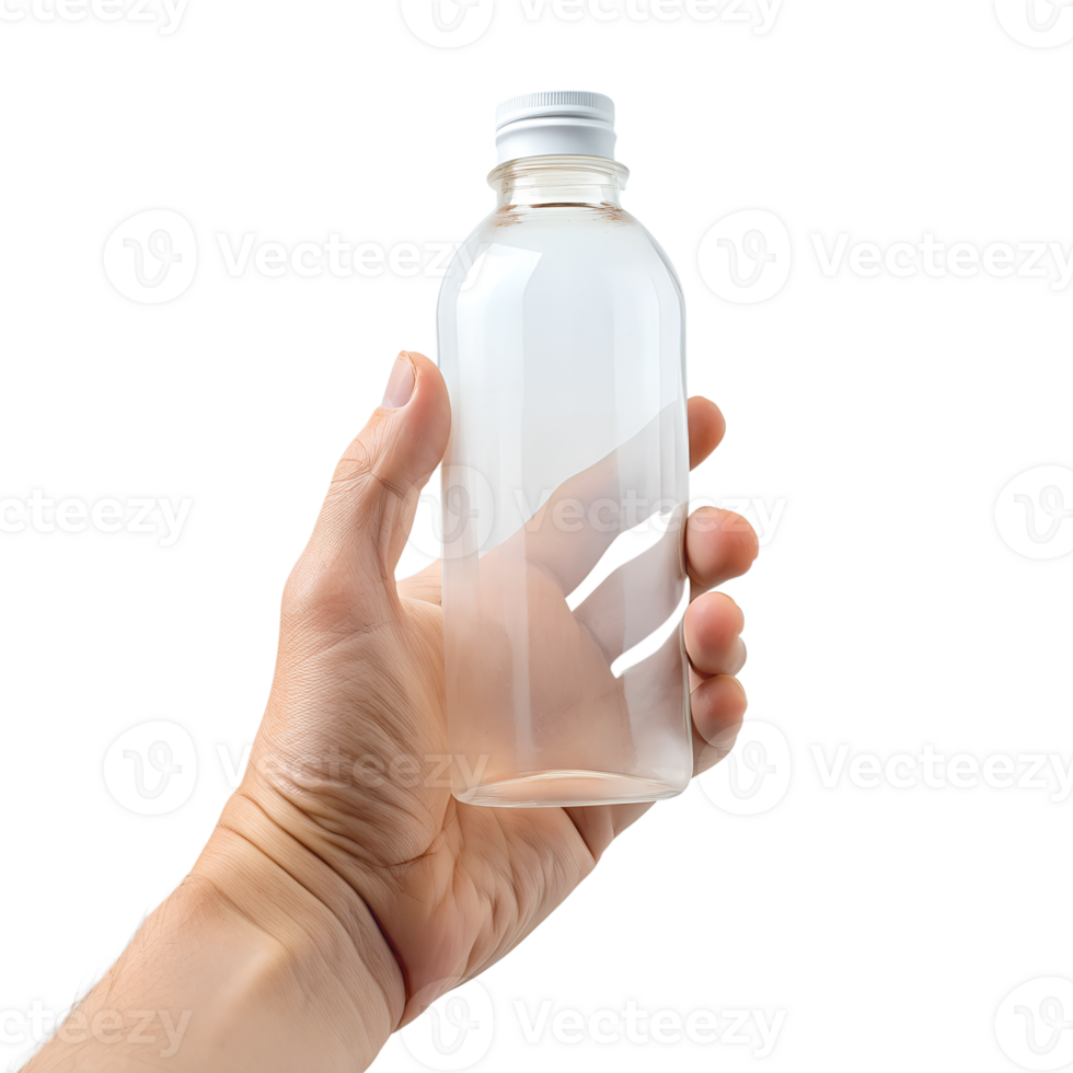 , Close-up Only the hand remembers the empty translucent bottle, isolated on transparent background png