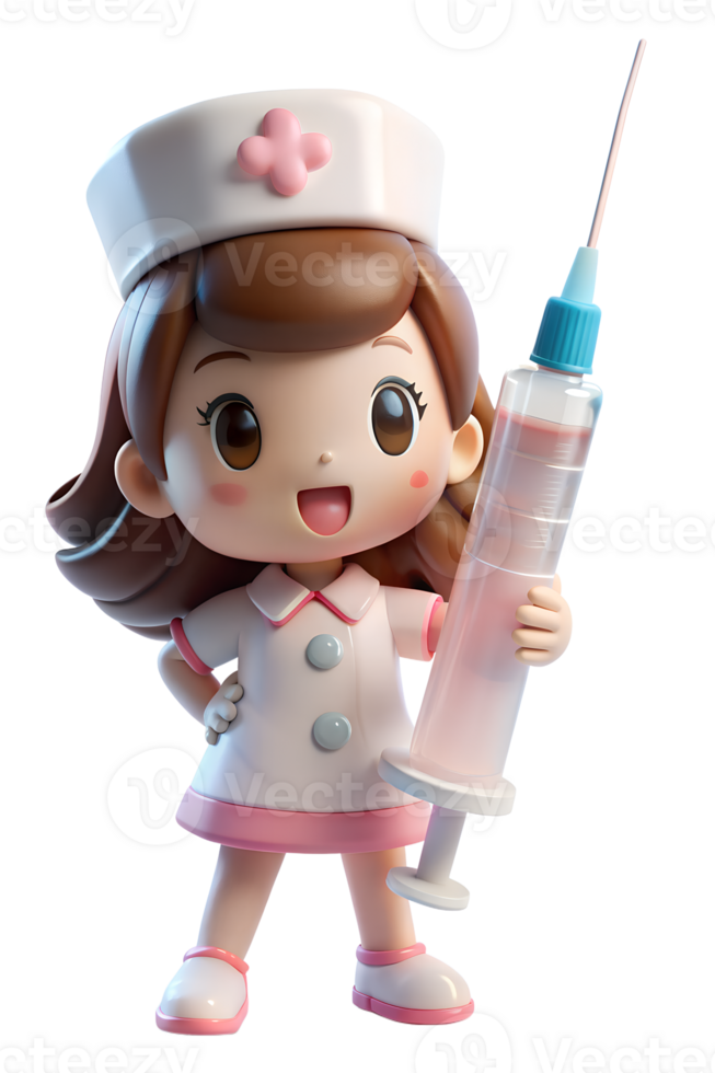 , anime estilo 3d linda mujer vistiendo un enfermera uniforme, su mano participación un grande jeringuilla. png