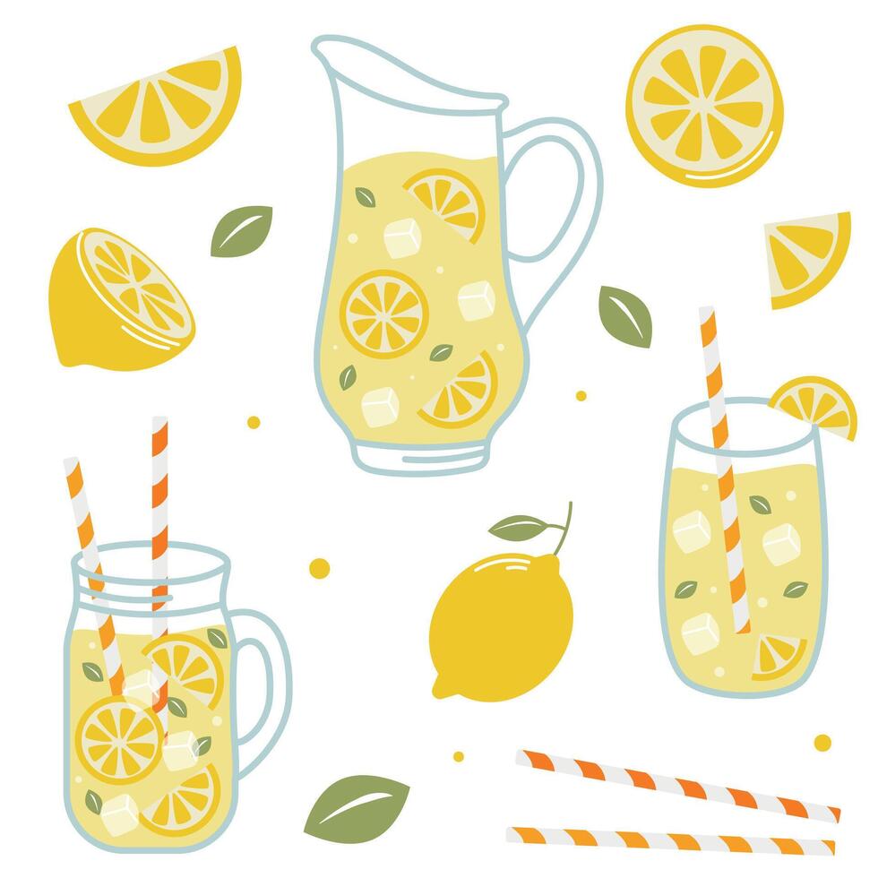 Lemonade set, lemonade in a jar, lemonade jug, lemon slice, takeaway lemonade for poster, lemonade menu design, lemonade clipart vector