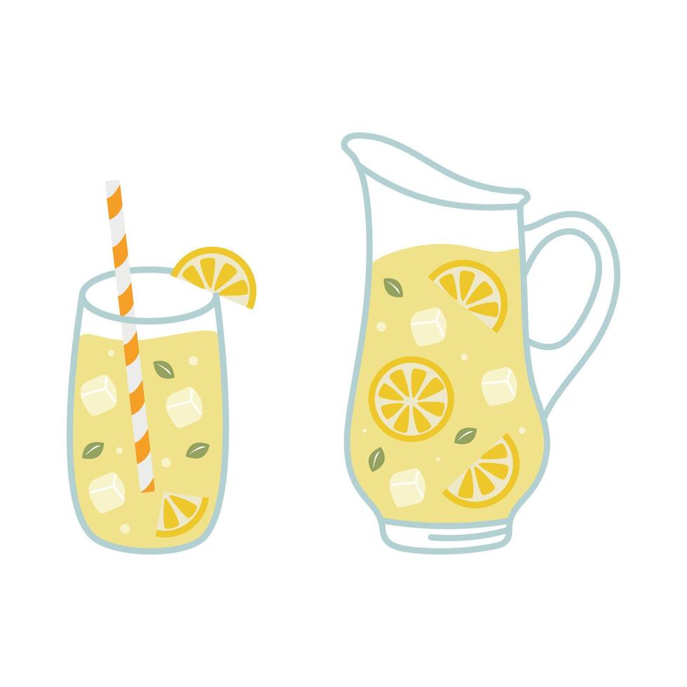 Glass with straw and jug with lemonade, lemon slice and mint leaves, illustration in flat style isolated on white background vector