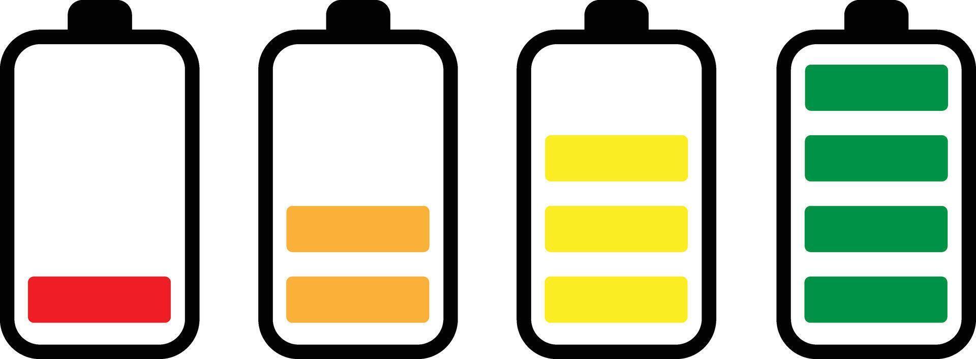 Colorful battery energy level icons . Battery charge indicator icons . Battery charge from low to high . illustration vector