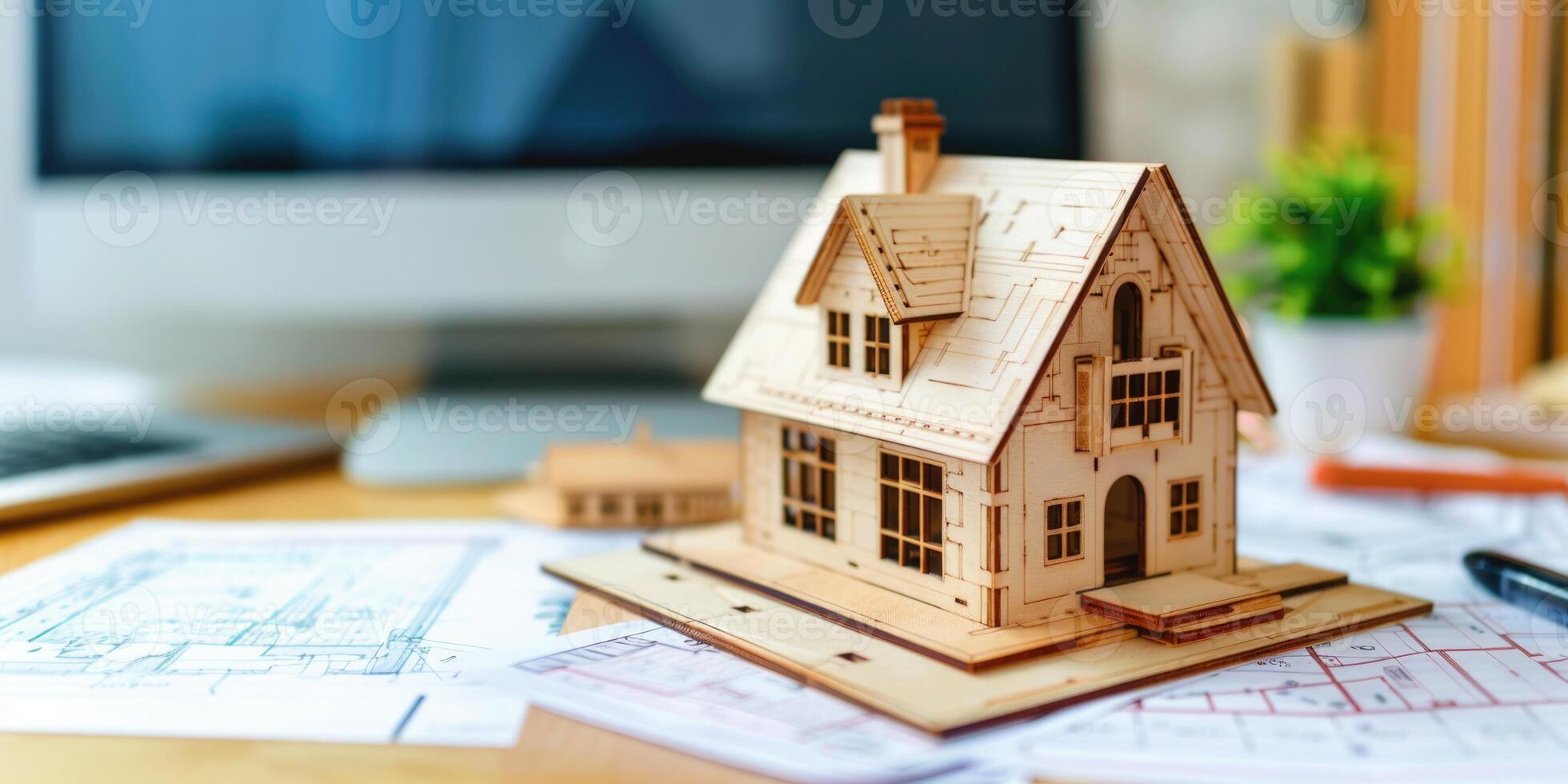 Wooden model of a house on a table with drawings and house layout. Renting house and real estate concept. photo