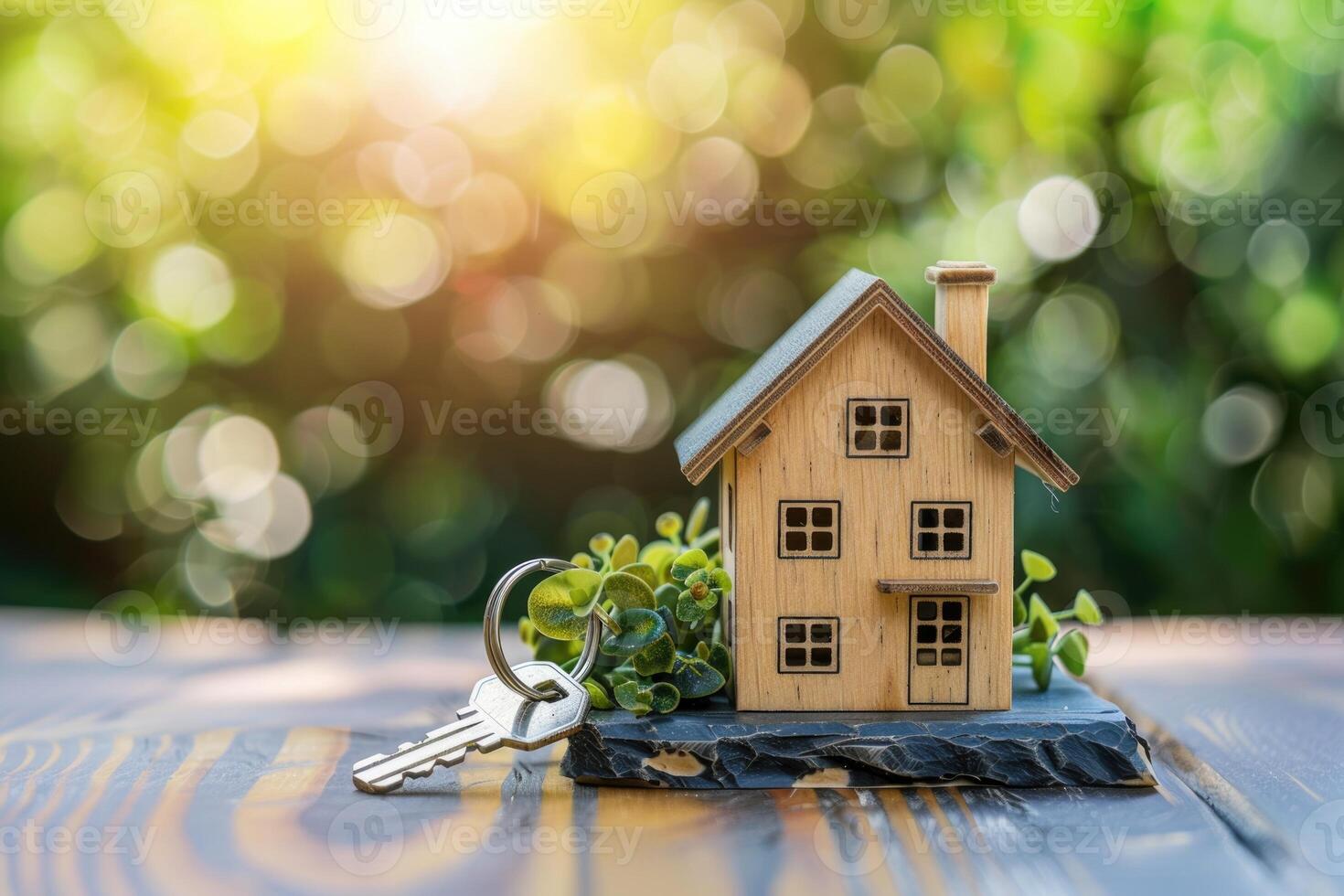 Model of a house with keys on wooden table. Real estate search concept photo