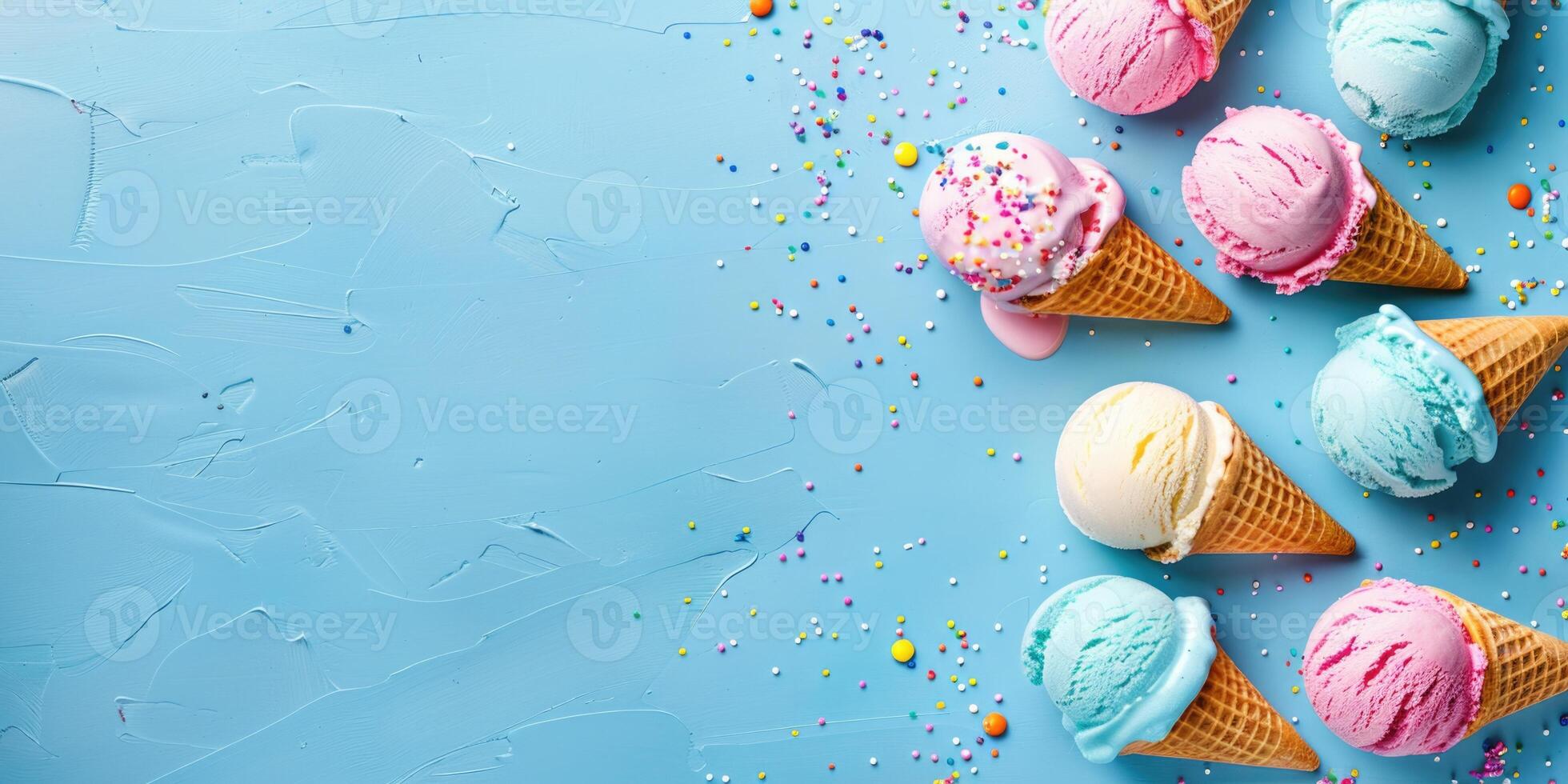 Ice cream on an empty pastel background. Summer background with ice cream and copy space. Summer time composition for web banner, cards, invitations photo