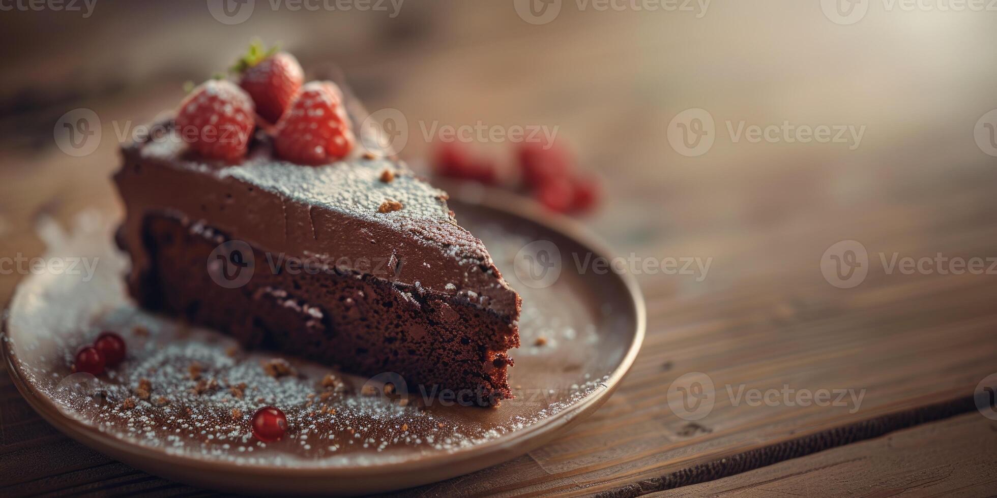 Piece of chocolate cake with raspberries on dark wooden background with copy space photo