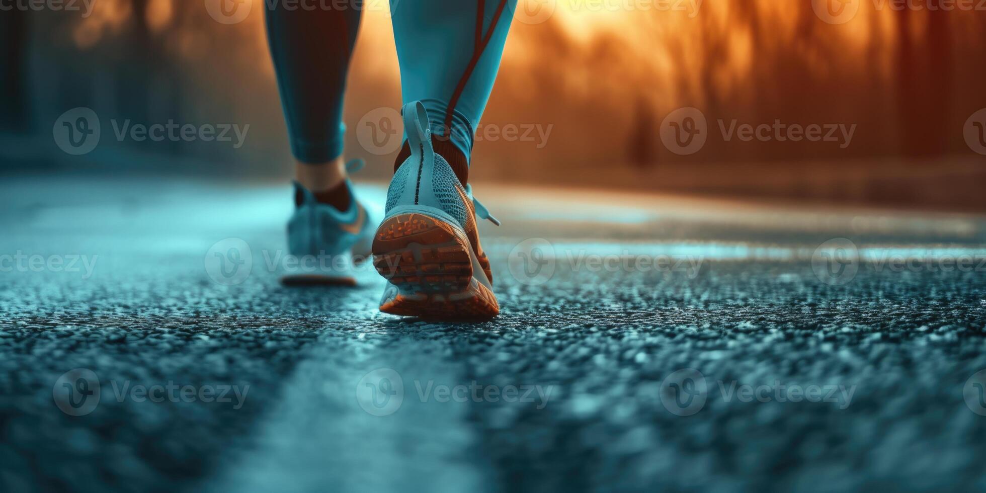 A man runs and plays sports. Feet in sports shoes on a treadmill. Sports banner with copy space photo