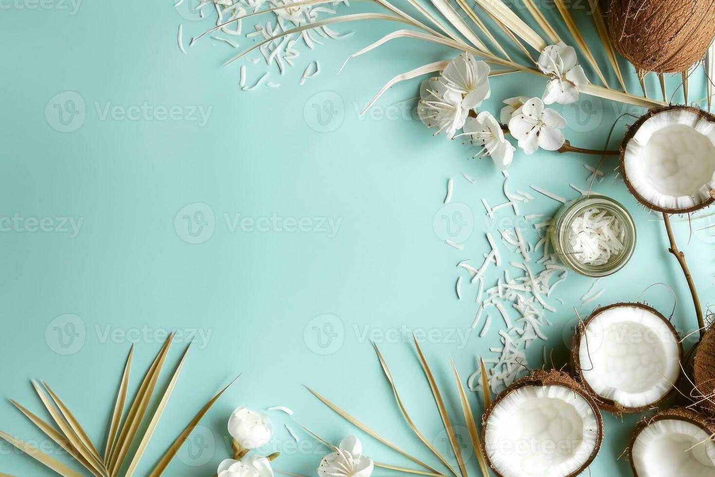 Coconut essential oil bottles on a blue background with coconuts and palm leaves. Background with copy space photo