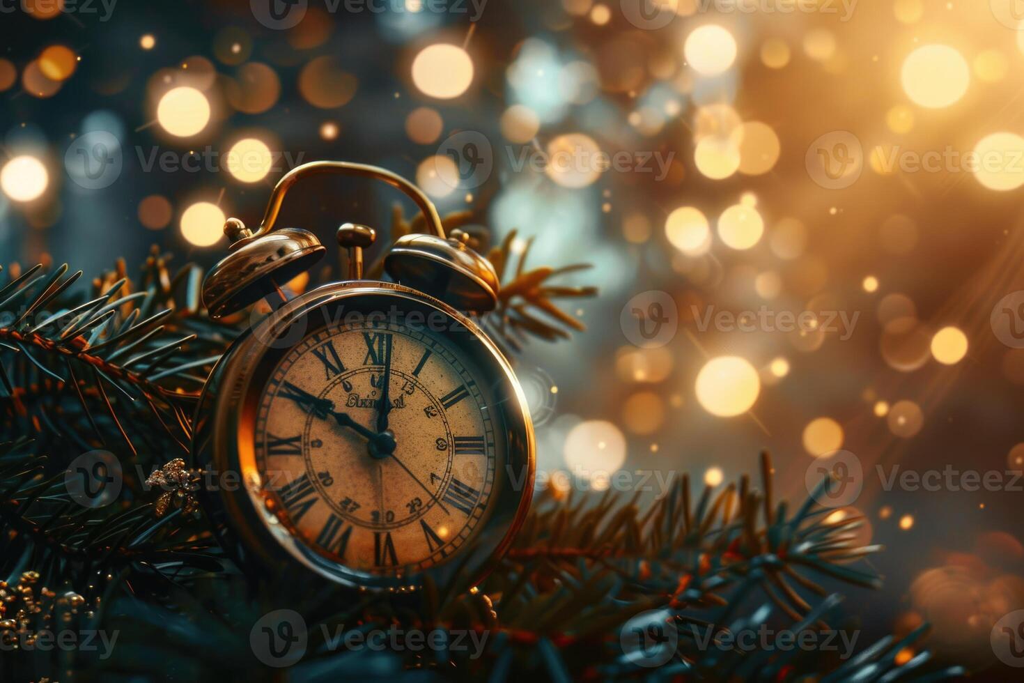 A vintage alarm clock on a magical background with Christmas tree branches and lights. Festive background with copy space photo