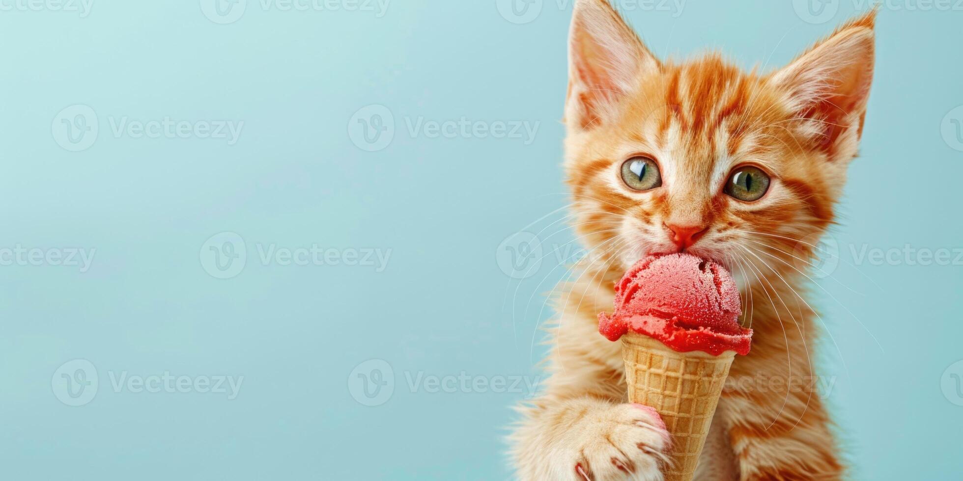 Cat with ice cream on empty blue background with copy space. Kitten licks ice cream in a cone. Cute summer banner with pet photo