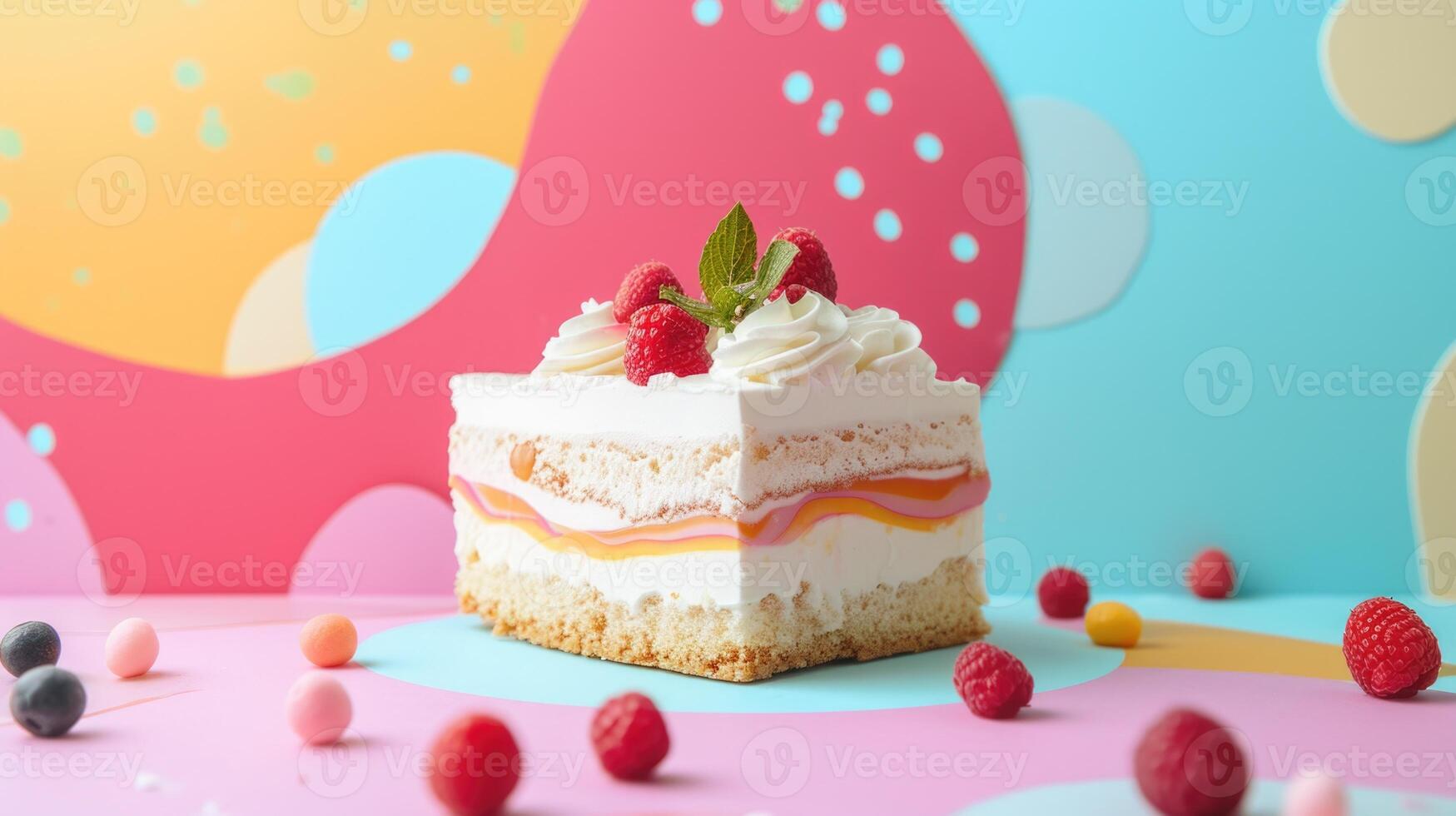 Raspberry cake on a bright background with organic shapes and berries photo