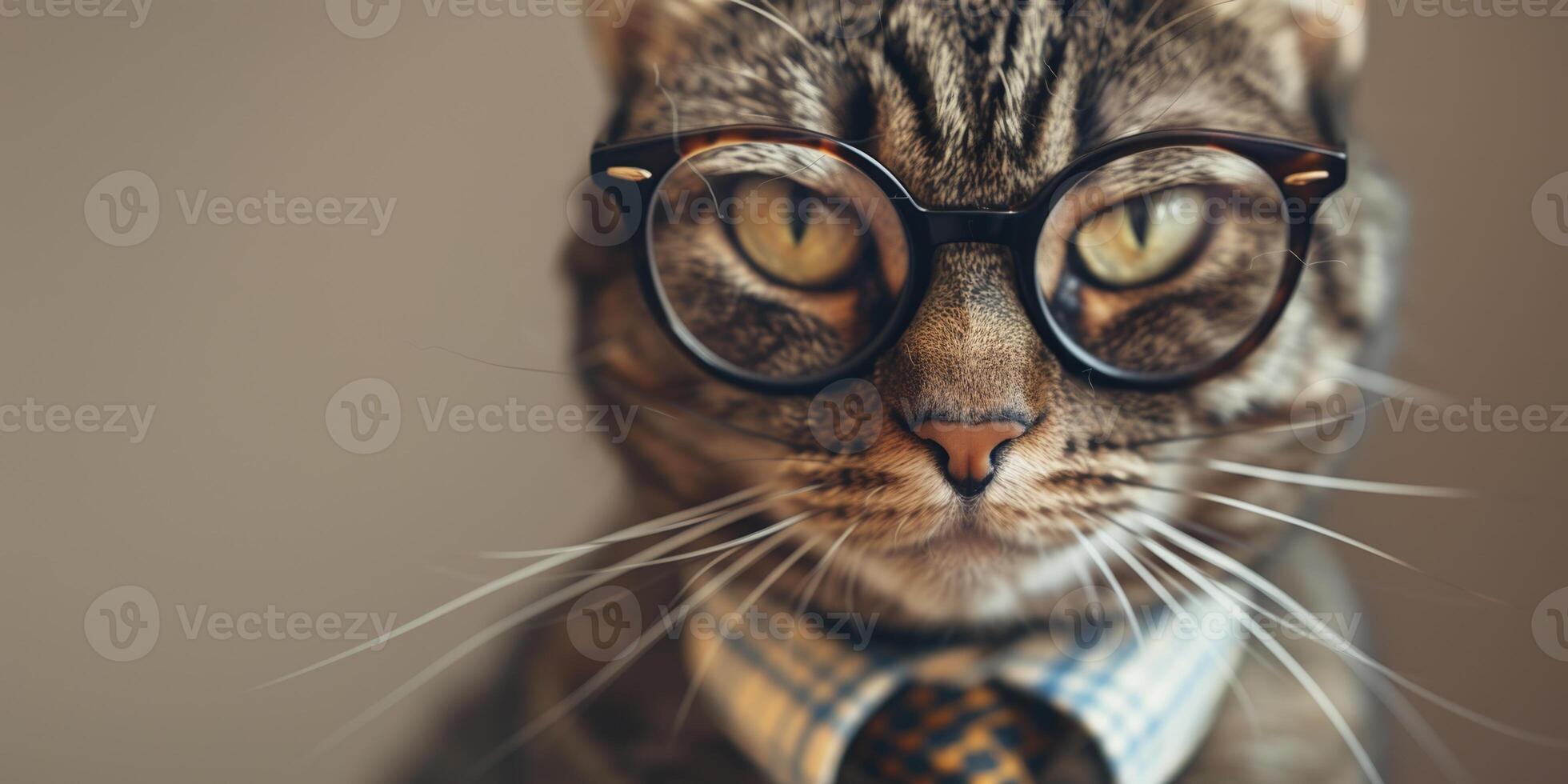 Business cat wearing glasses and a tie on an empty background with copy space photo