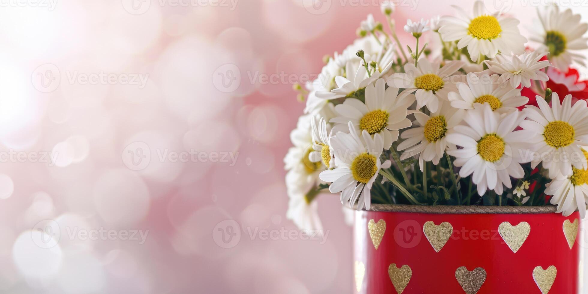 Bouquet of white daisies in a beautiful red pot with gold hearts on a light pink background with copy space photo