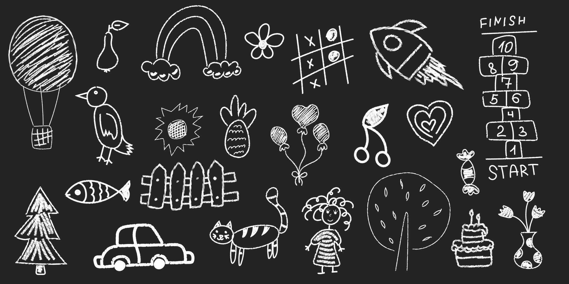 Set of doodles drawn with chalk by hand on a blackboard. Cute flower, rocket, animal elements, car, classics, trees. Baby side animal design for textiles, posters, flyers vector