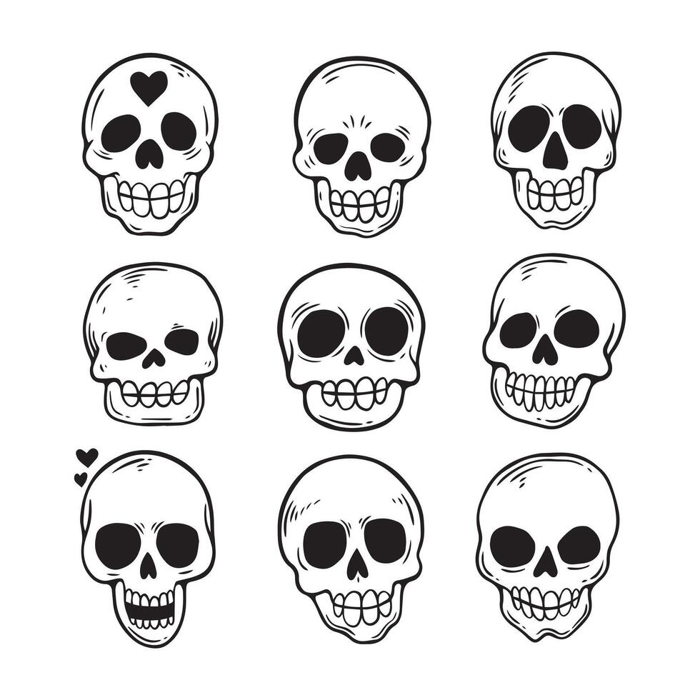 skull cute doodle collection set hand drawn black and white vector