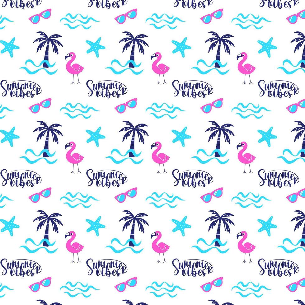 Summer vibes bright seamless pattern. Palm, sea waves, pink flamingo, sea star, sunglasses repeat on white background. Fashion illustration in modern style. vector