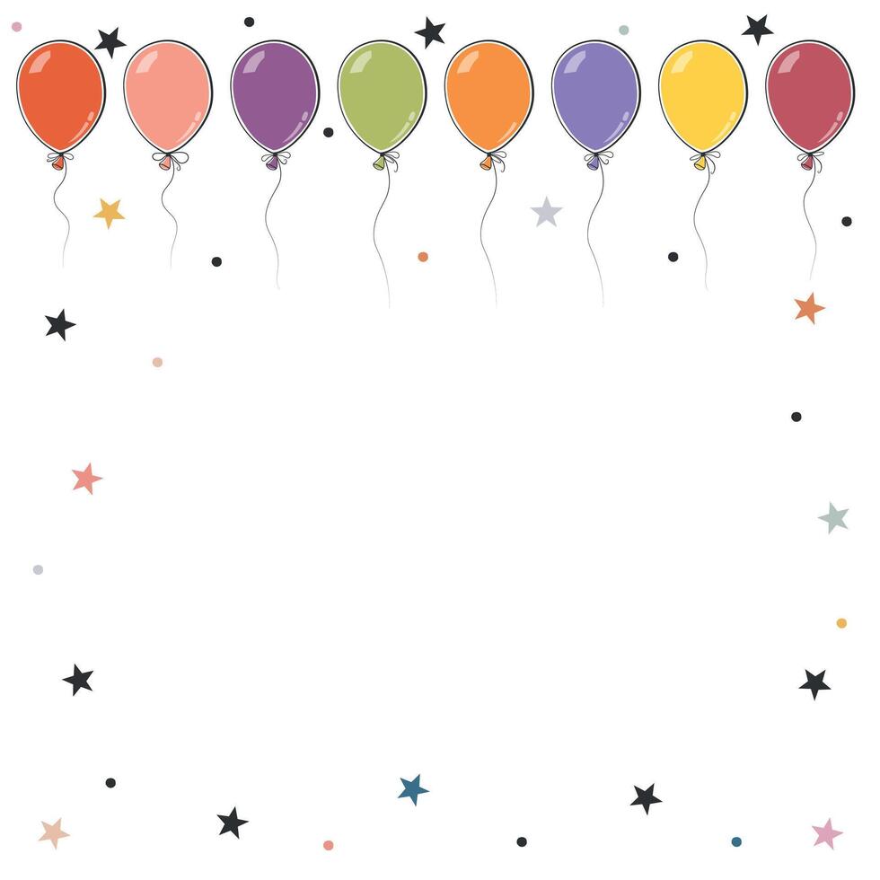 Holiday design with balloons for card. Row of colored balloons at the top, stars and confetti on a white background. illustration. vector