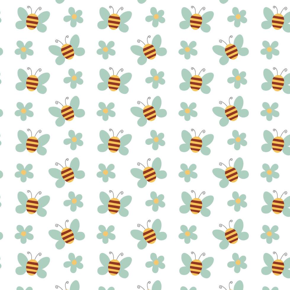 Spring seamless pattern. Flower and bee repeat on on white background. Cute childish nature design in cartoon flat style for cover, print. illustration. vector