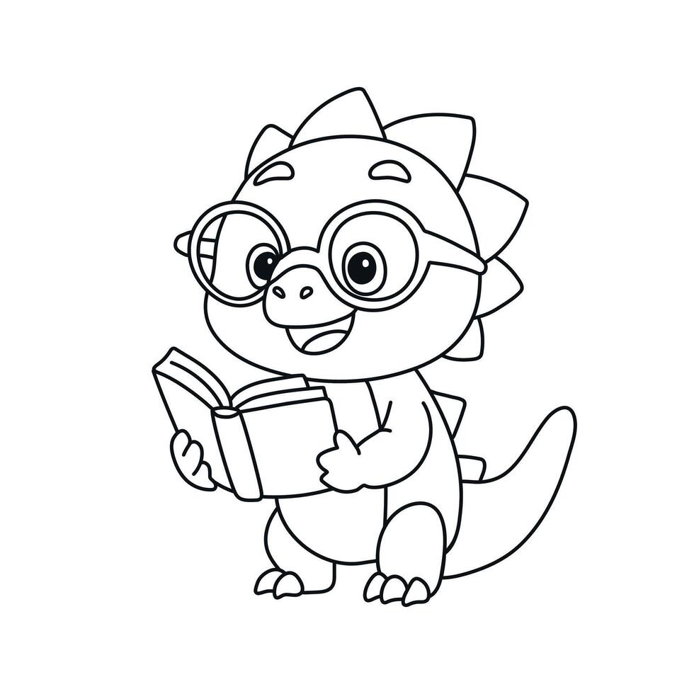 Little dragon with opened book isolated on white background. Cartoon illustration in line art style. Learning concept. Design for coloring book pages. vector