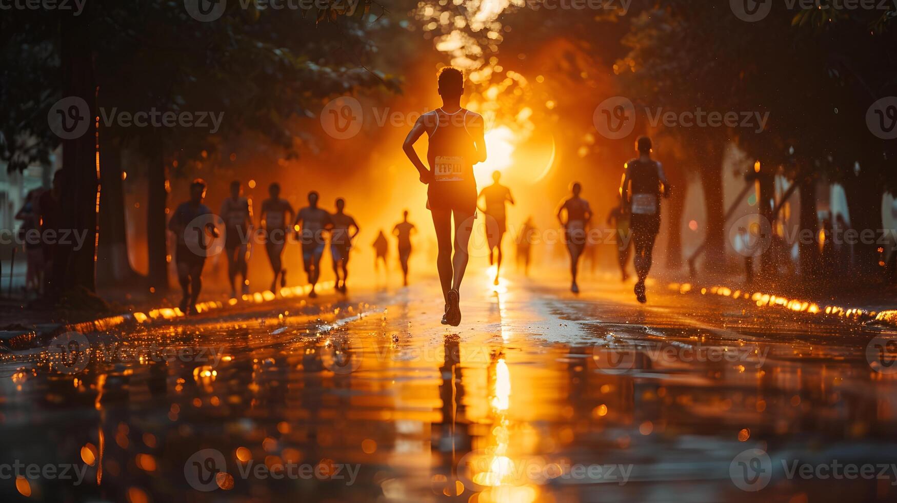 Marathon runners on wet road at sunrise. Golden hour light reflecting on water with silhouettes of athletes. photo