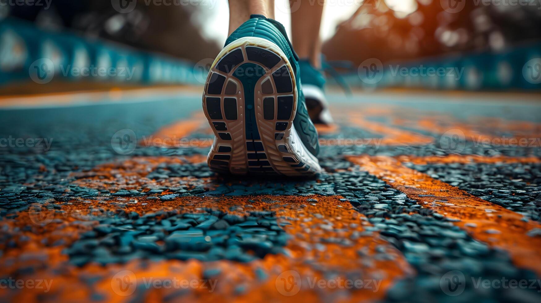 Runner's feet on an orange-marked running track. Close-up of running shoes in motion. photo