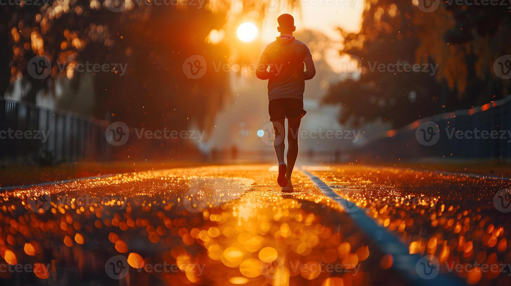 Solitary runner on a wet road at sunset. Golden light and water reflections creating a tranquil scene. photo